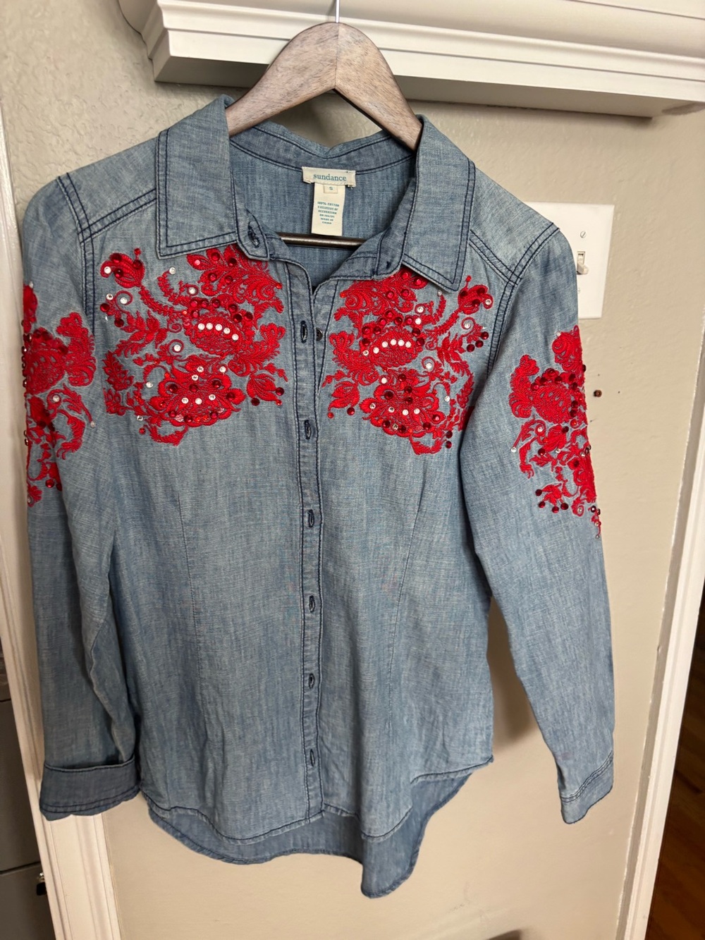 Indigo Blue Embroidered Button-Up Shirt with Red Applique and rhinestones
